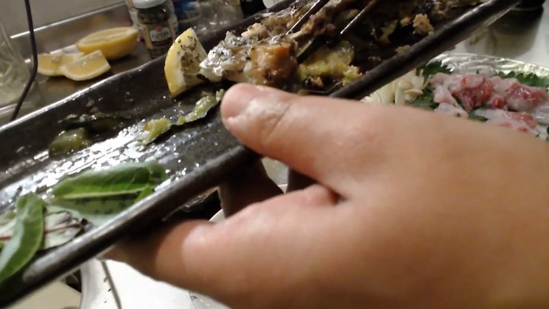 太刀魚のはさみ焼きを見つめる布団ちゃん